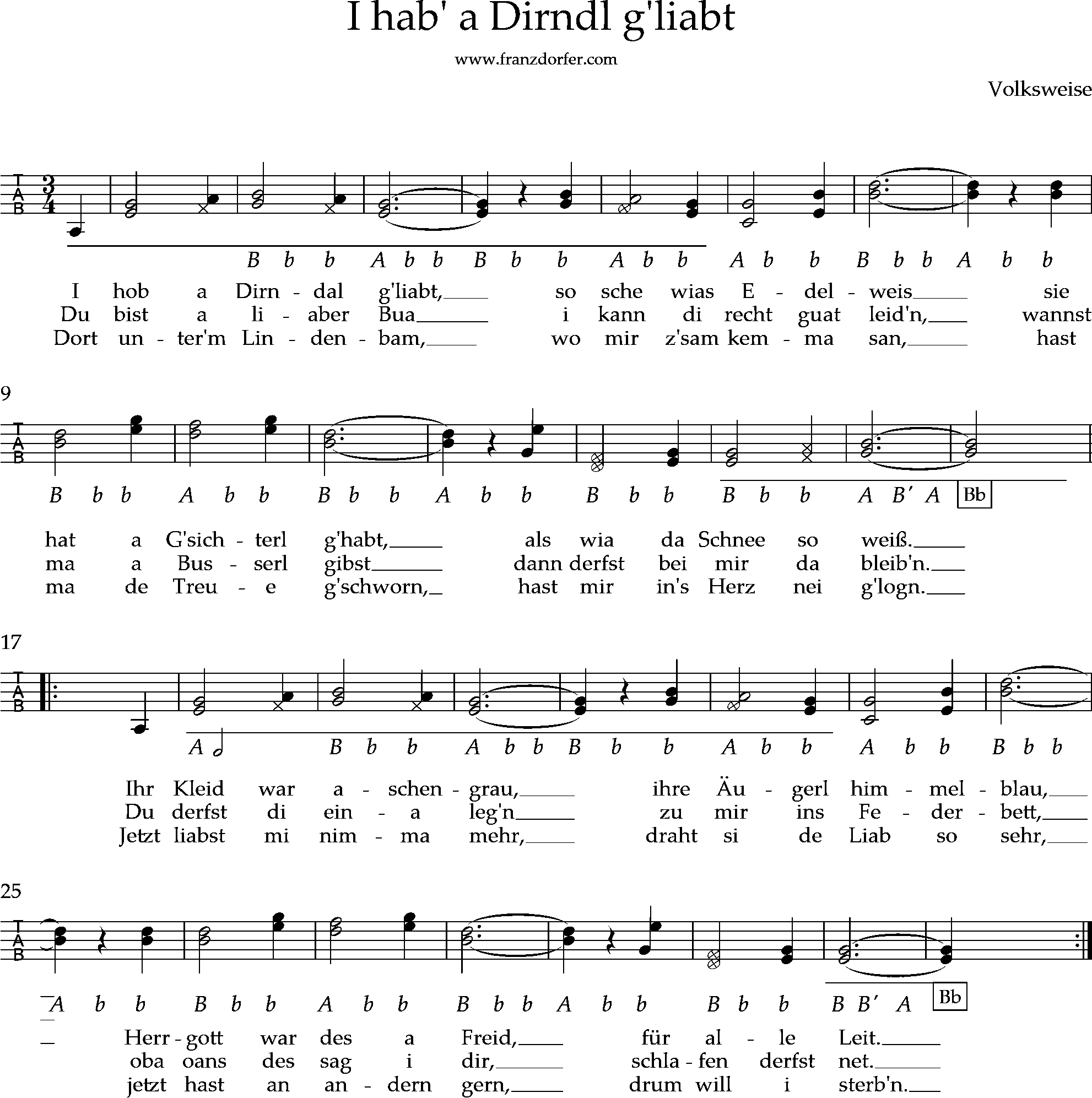 Griffschrift- i hob a diandal gliabt ziachnoten - I hab' a Dirndl g'liabt-griffschrift